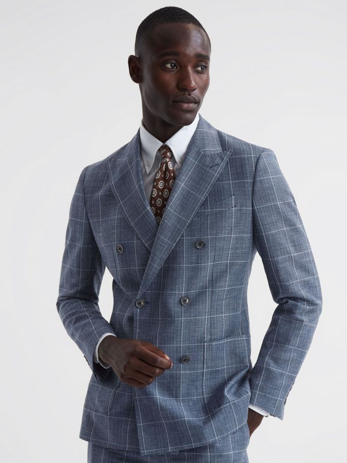 Slim Fit Wool Linen Check Double Breasted Blazer in Indigo (991623) | US$298