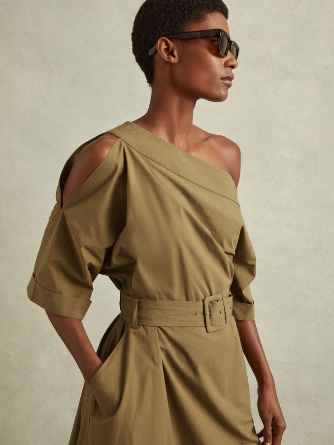 Off The Shoulder Belted Midi Dress in Khaki (991862) | US$200