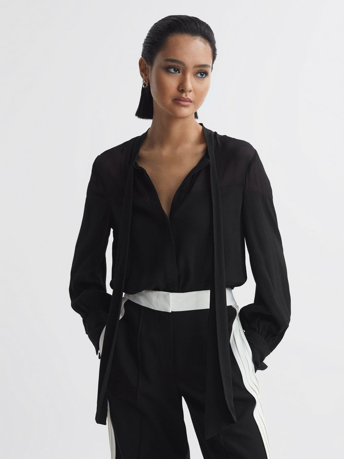 Tie Neck Semi-Sheer Blouse in Black (992122) | US$78