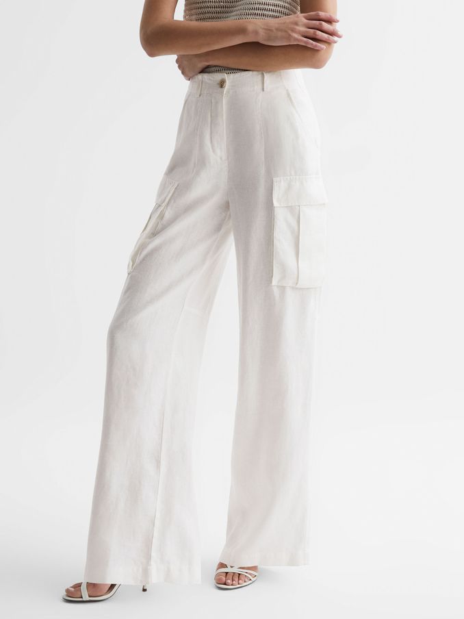 Linen Wide Leg Trousers in White (992329) | US$84