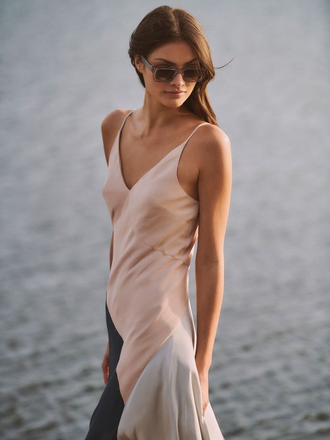 Fitted Asymmetric Midi Dress in Nude (997728) | US$98