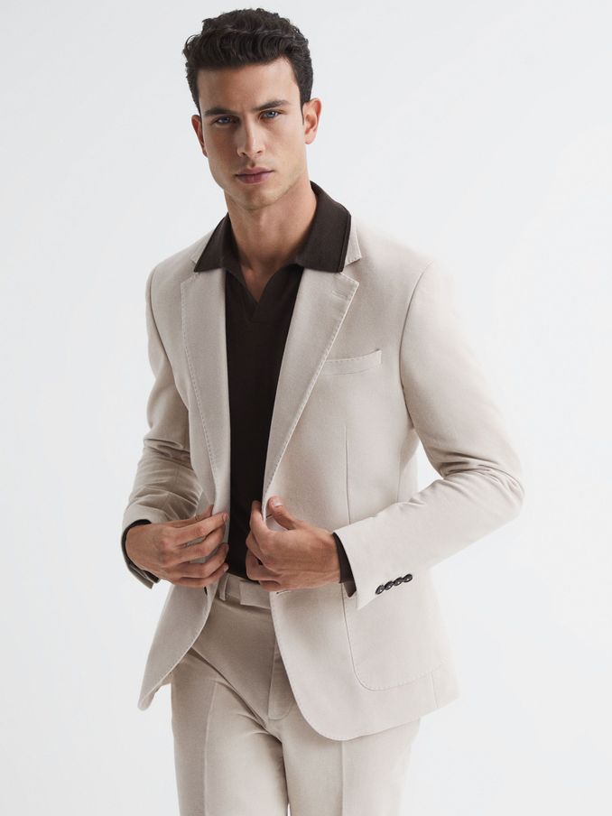 Single Breasted Slim Fit Moleskin Blazer in Stone (A10850) | US$162