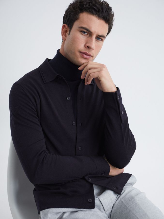 Merino Wool Button-Through Cardigan in Navy (A11254) | US$190