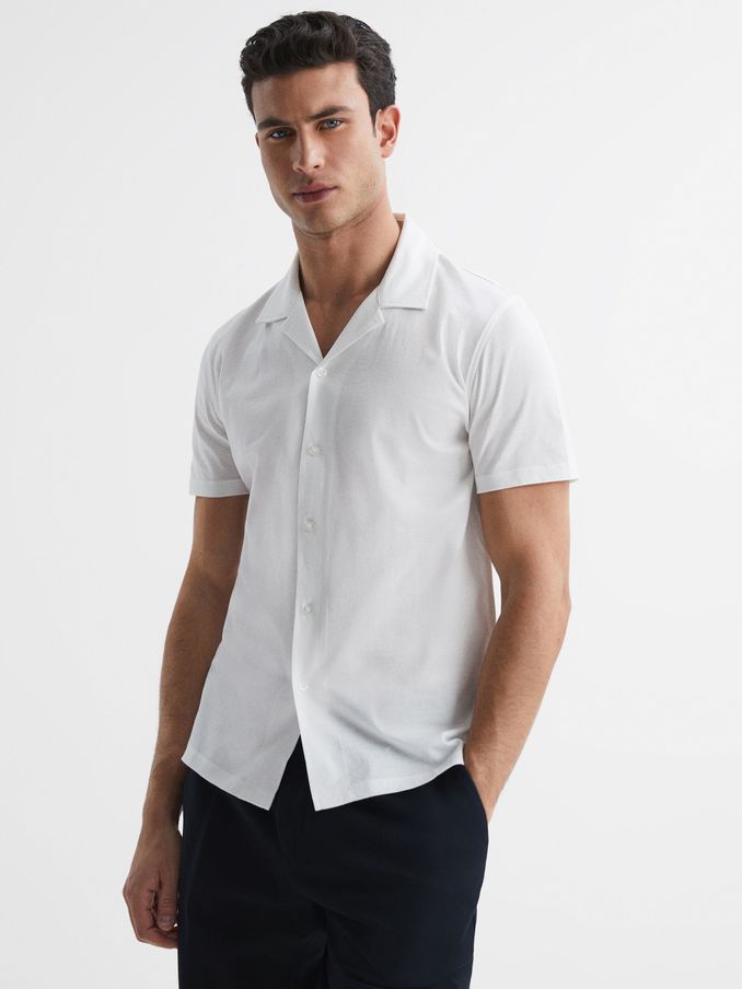 Mercerised Jersey Cuban Collar Shirt in White (A34577) | US$32
