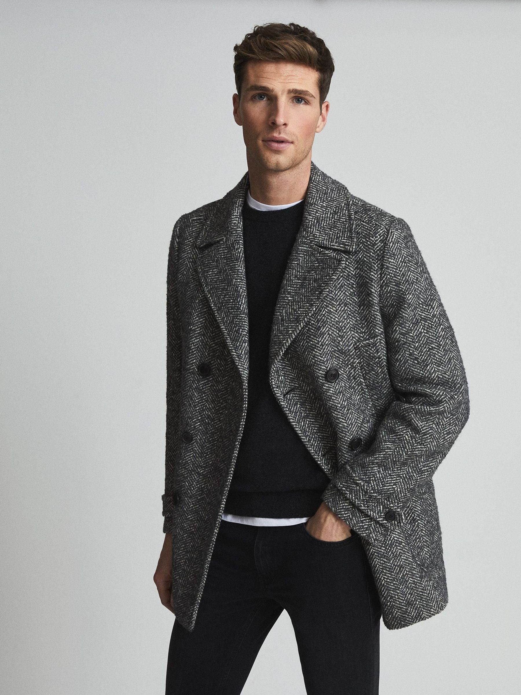 Herringbone Double Breasted Coat in Grey (A76230) | €270
