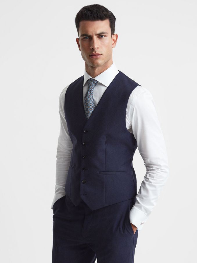 Classic Slim Fit Wool Horseshoe Waistcoat in Navy (A76255) | US$77