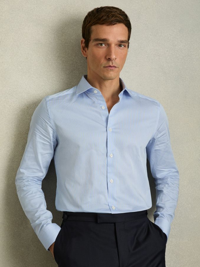Slim Fit Cotton Sateen Shirt in Blue Stripe (A76350) | €95