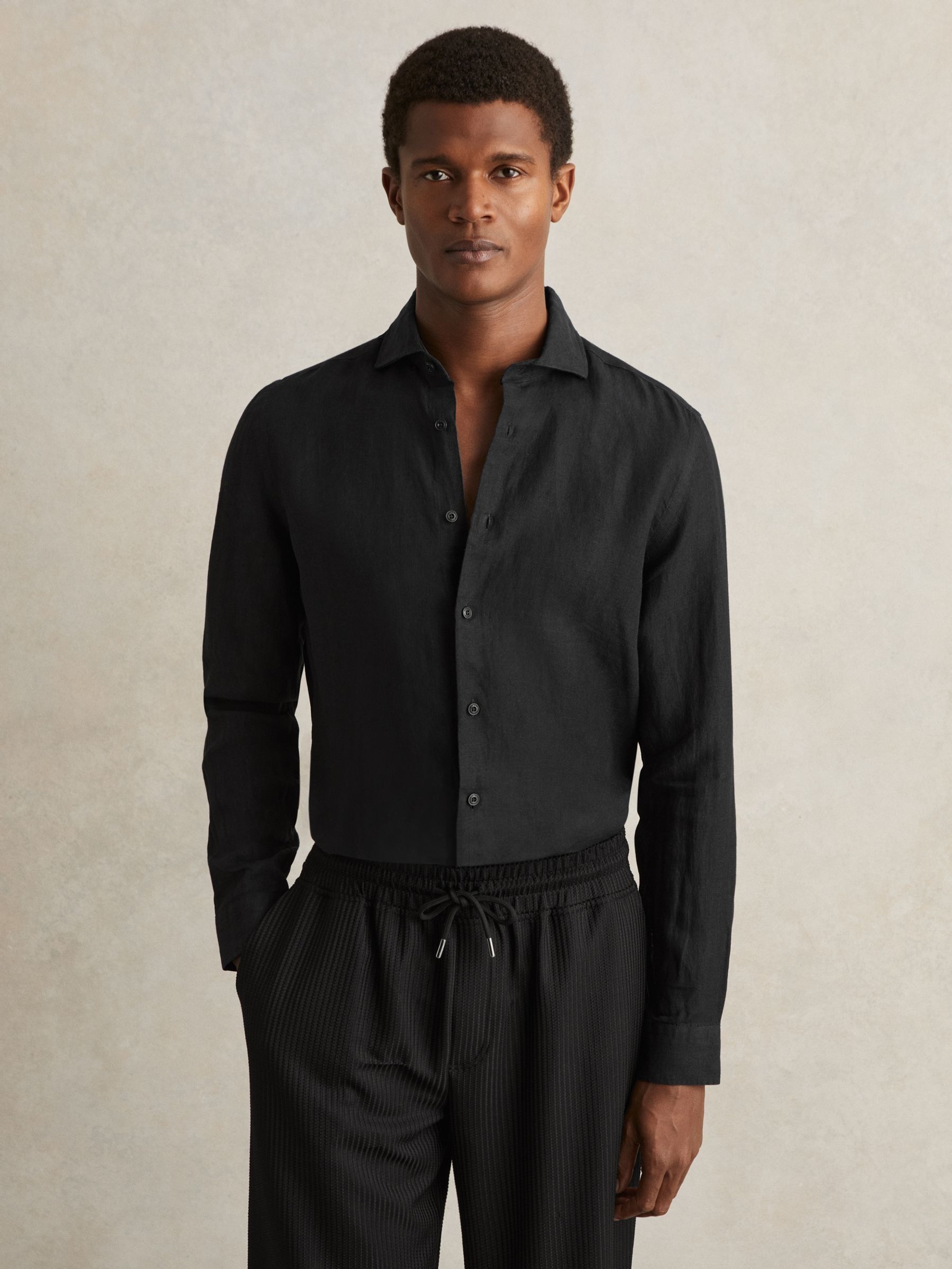 Linen Striped Cutaway-Collar Shirt in Black (A76403) | US$160