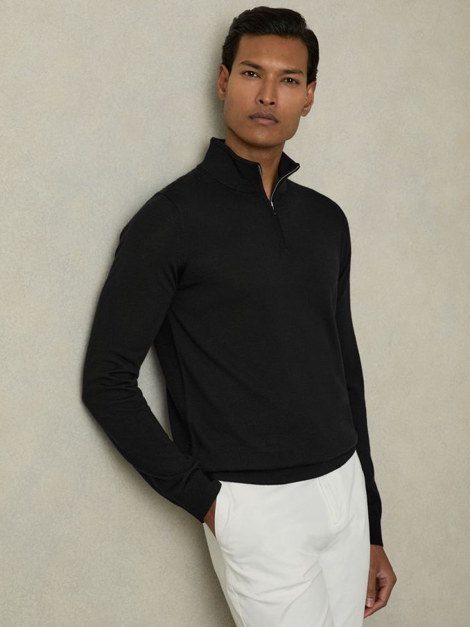 Merino Wool Half-Zip Funnel Neck Jumper in Black (A76534) | €140