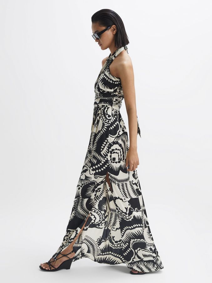 Printed Halter Neck Maxi Dress in Black/White (A82473) | €117
