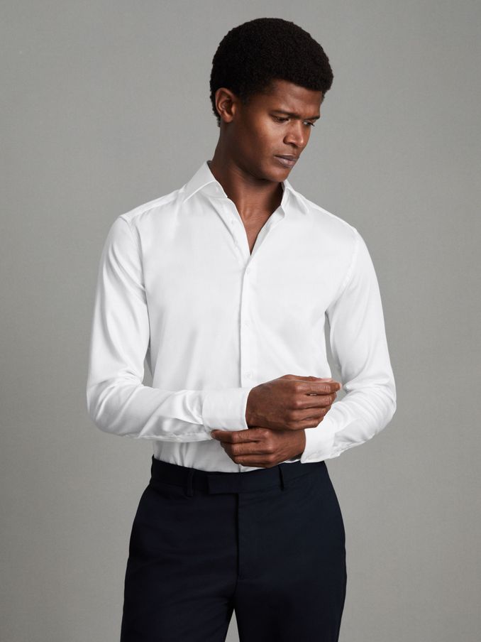 Slim Fit Cotton Blend Shirt in White (A85338) | US$52