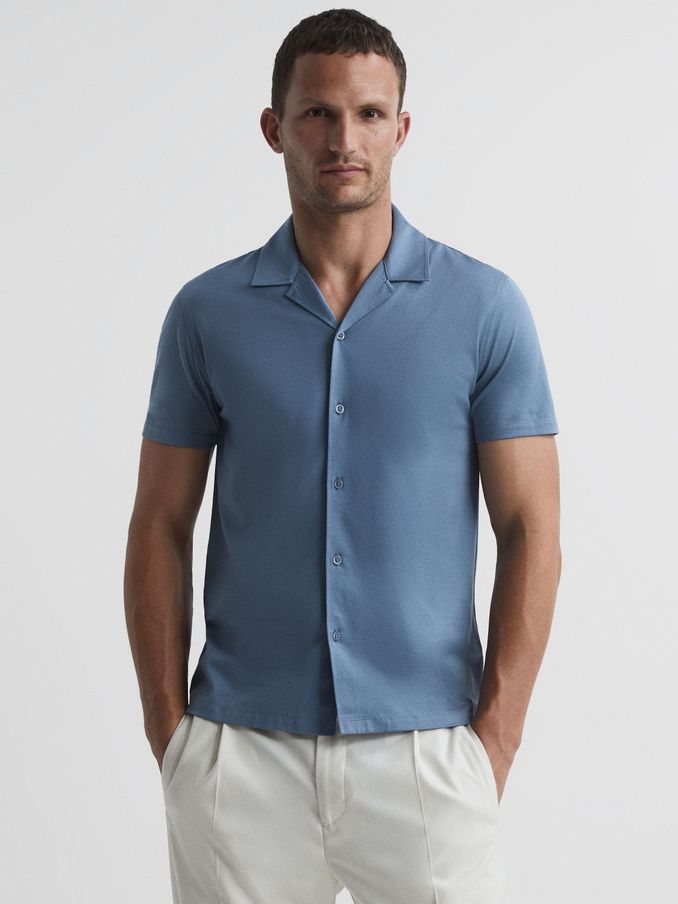 Mercerised Jersey Cuban Collar Shirt in Steel Blue (A93420) | kr435