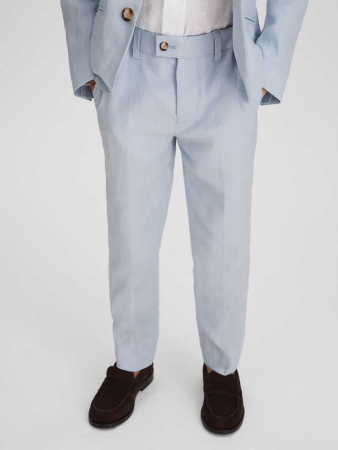 13-14 yrs Slim Fit Linen Adjustable Trousers in Soft Blue (A95765) | US$54