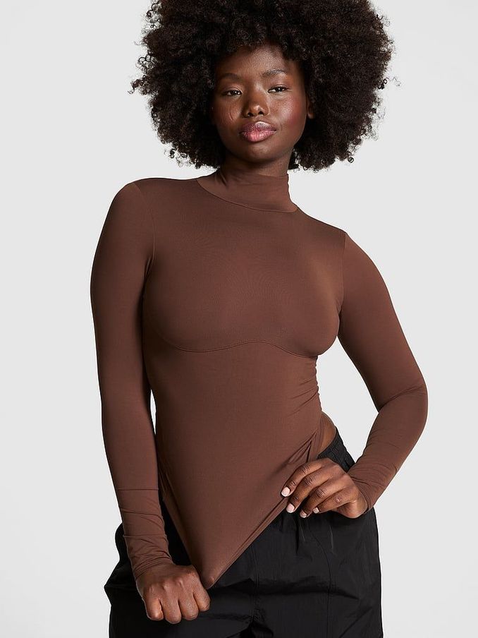 Ganache Brown Mock Neck Soft Stretch T-Shirt (AA0274) | €19