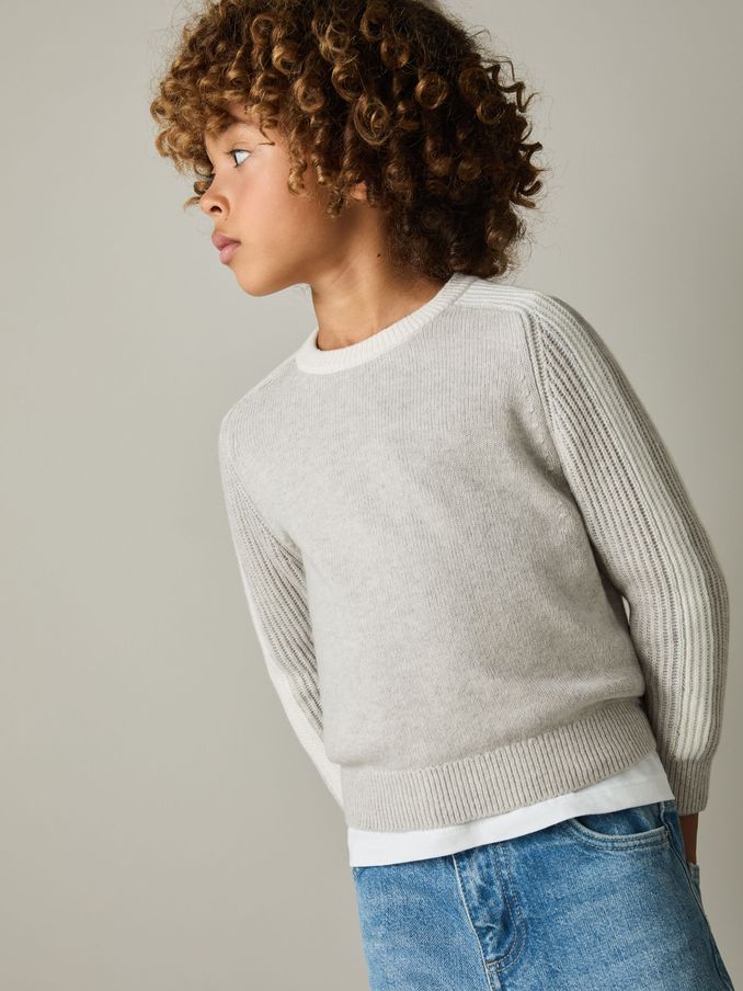 4-9 yrs Ribbed-Sleeve Jumper with Cotton and Wool in Grey/White (AA1950) | US$39