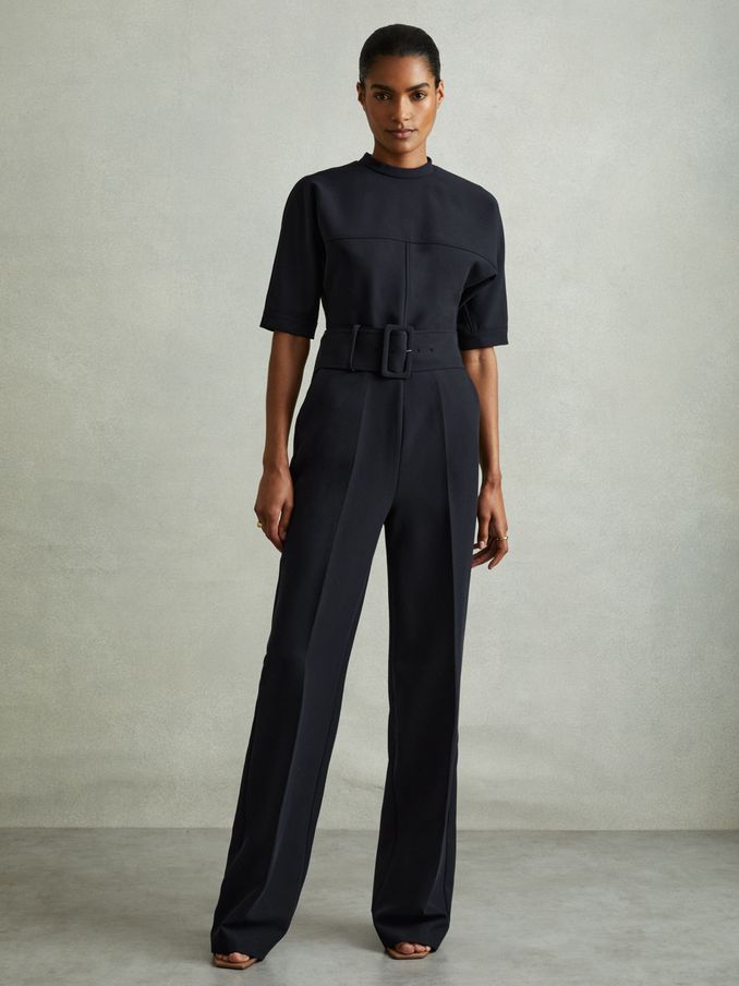 Wide Leg Belted Jumpsuit in Navy (AA1960) | €96