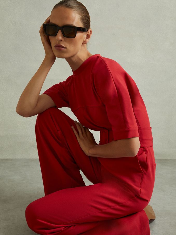 Wide Leg Belted Jumpsuit in Red (AA1965) | US$114
