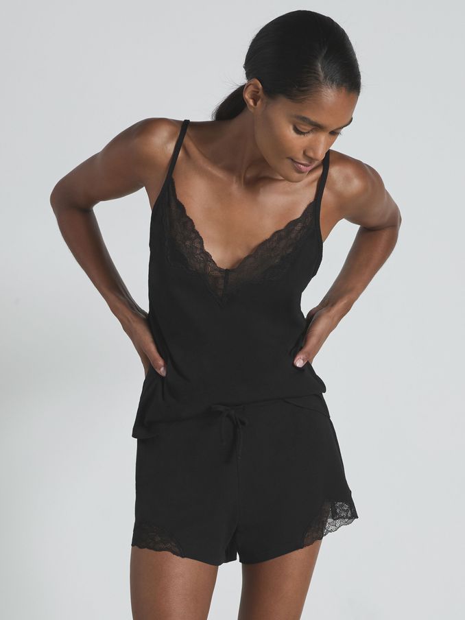 Lace-Trimmed Jersey Camisole with Cotton and Modal in Black (AA1967) | US$21