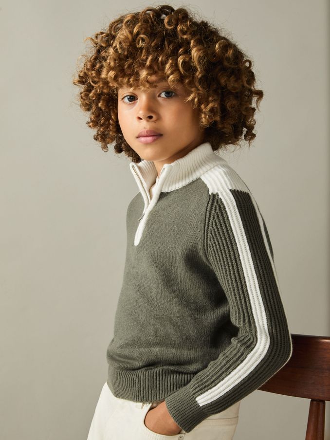 3-9 Jahre Pullover mit kurzem Reißverschluss aus Wolle und Baumwolle in Salbei/Weiß (AA1971) | 34 €