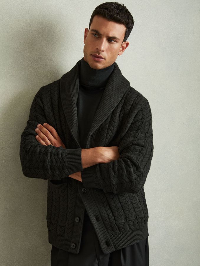 Cabled Shawl-Collar Cardigan with Cotton and Wool in Forest Green (AA2010) | €89