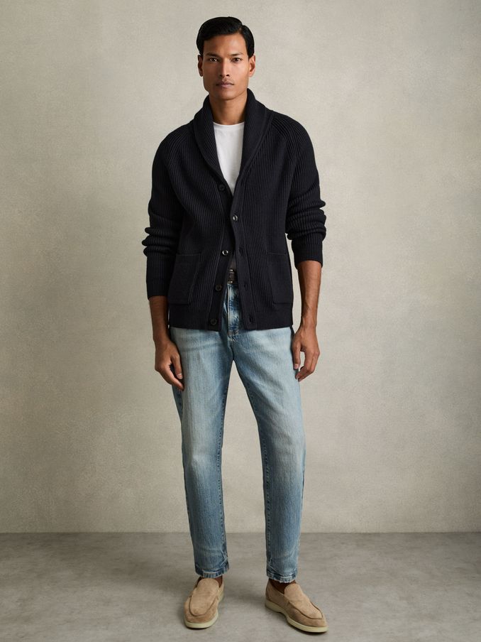 Ribbed Shawl-Collar Cardigan with Cotton and Wool in Navy (AA2011) | €117