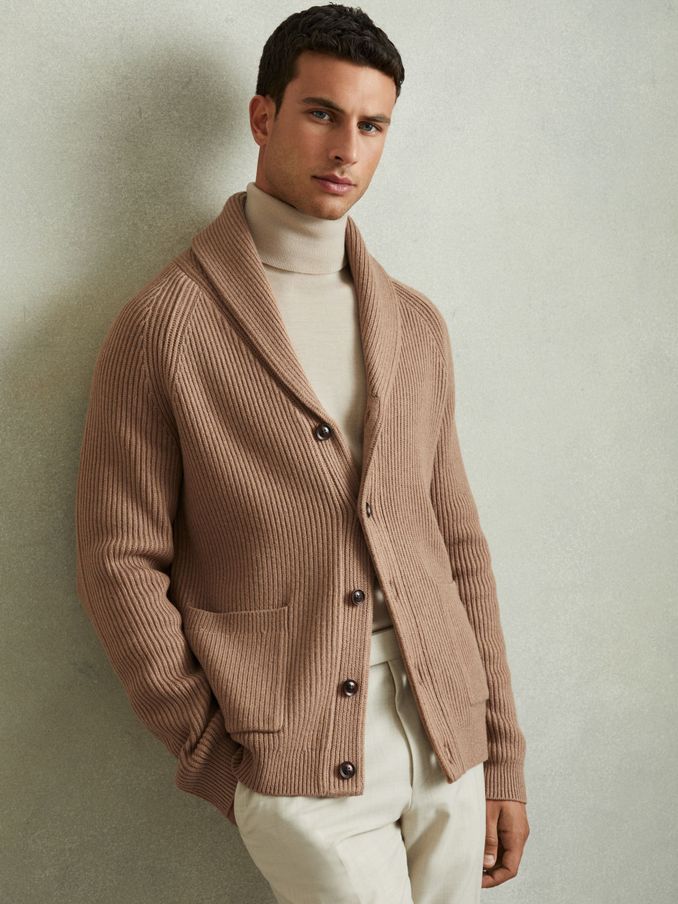 Ribbed Shawl-Collar Cardigan with Cotton and Wool in Camel (AA2012) | US$94