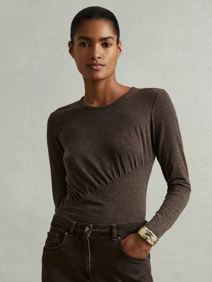 Marled Asymmetric Ruched Top in Chocolate (AA2018) | $84