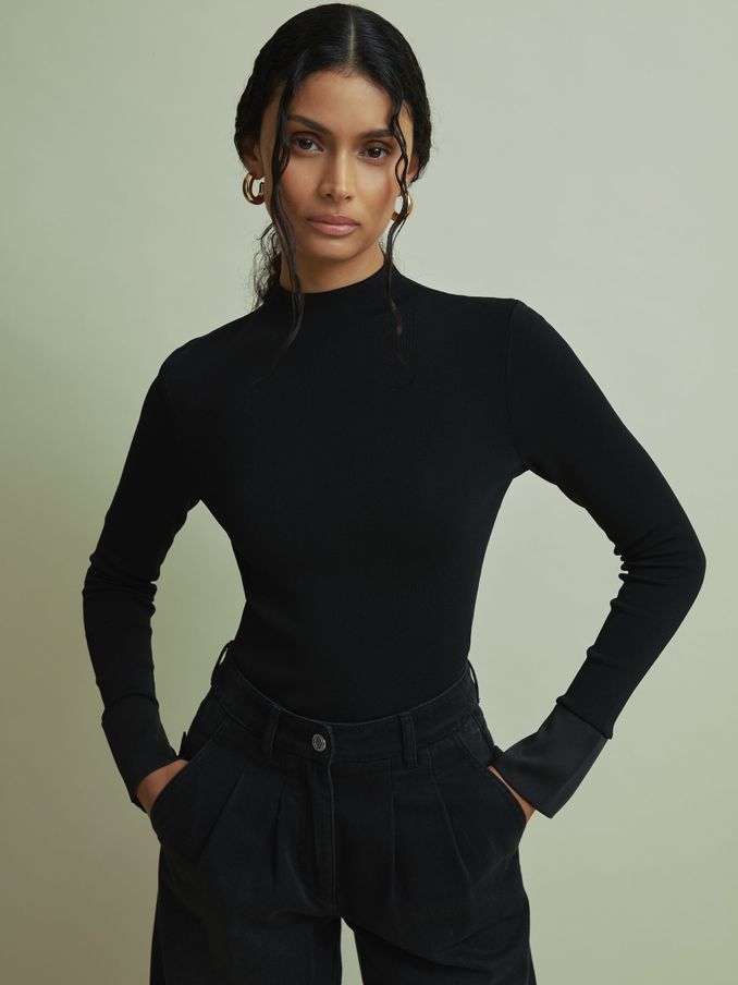 Florere Hybrid Knit Satin Cuff Top in Black (AA2023) | US$80