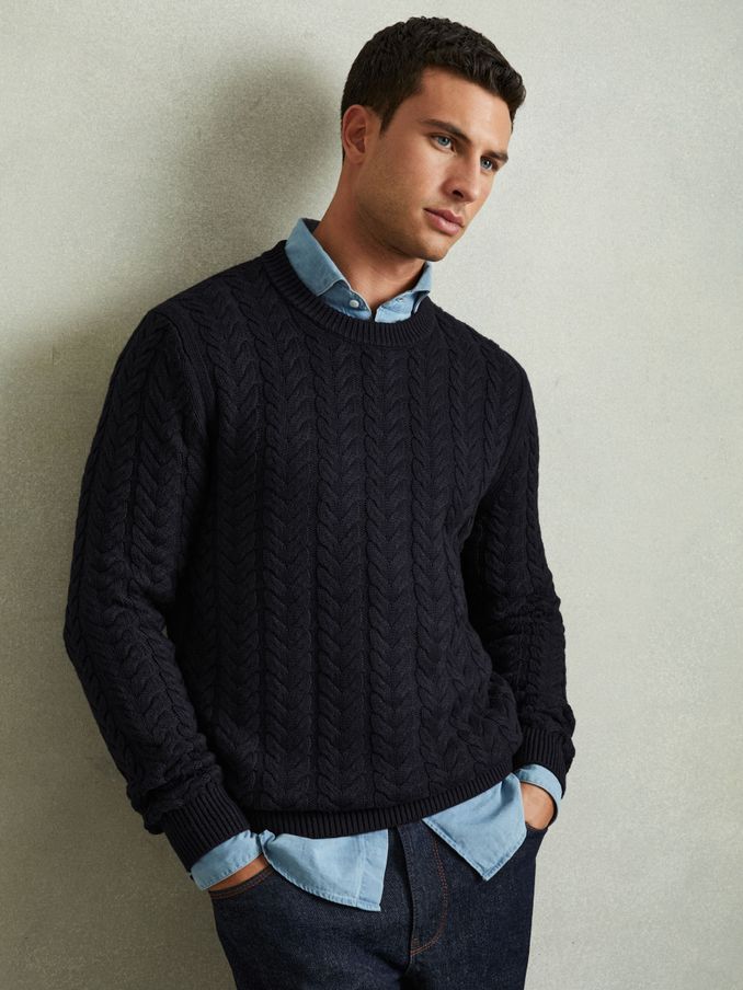 Cable Knitted Jumper with Cotton and Wool in Navy (AA2024) | $132