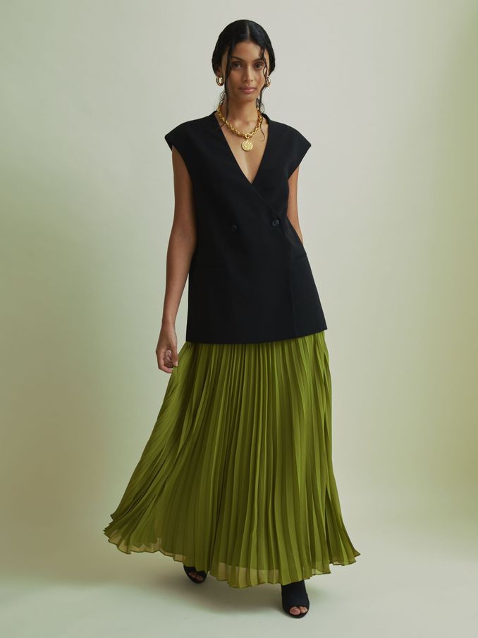 Florere Pleated Maxi Skirt in Khaki (AA2030) | US$120