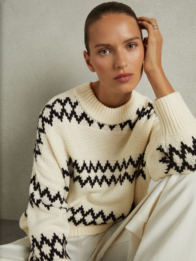 Wool-Blend Fairisle Pattern Jumper in Cream/Black (AA3627) | €57