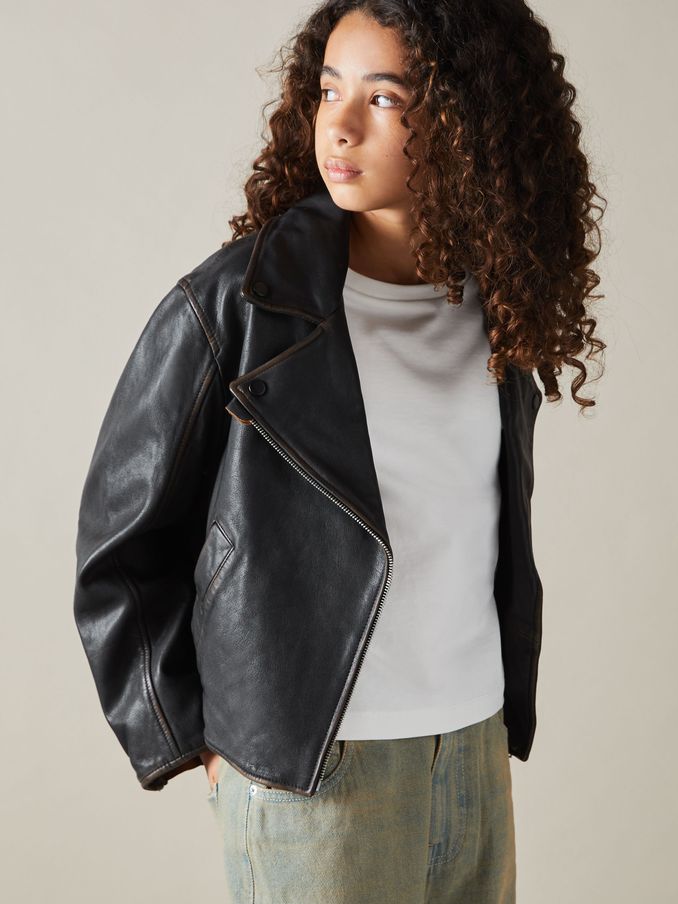 9-13 yrs Relaxed Leather Biker Jacket in Black (AA3628) | €189