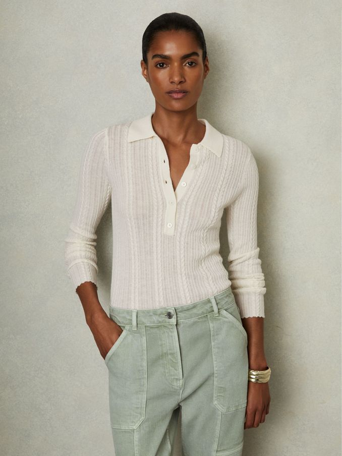 Wool Cable Knit Polo Neck Jumper in Cream (AA3633) | €73