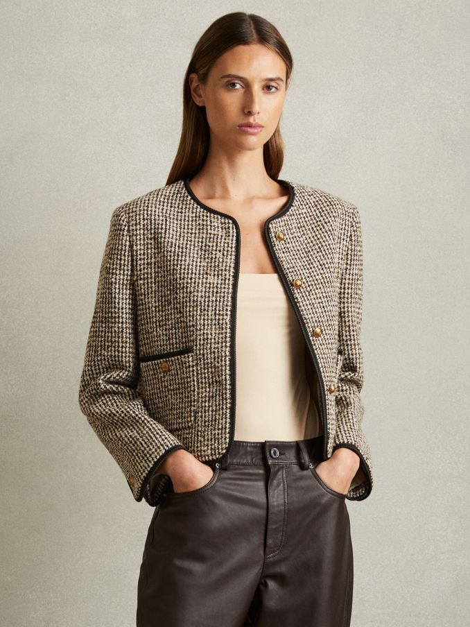 Cropped Wool Blend Tweed Jacket in Brown (AA3634) | US$170