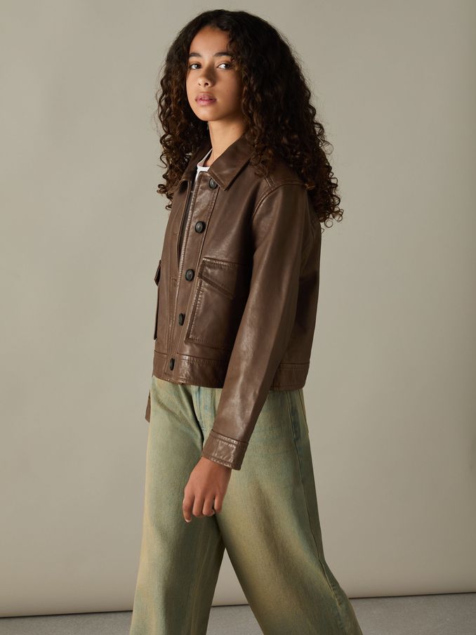 9-13 yrs Leather Patch-Pocket Jacket in Brown (AA3639) | $222