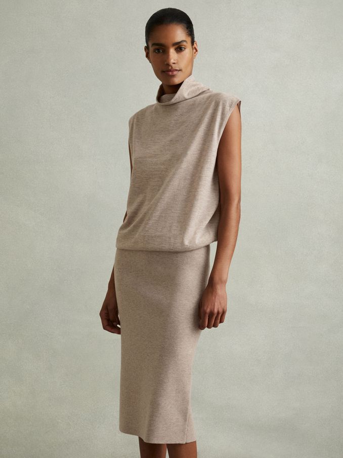 Petite Knitted Wool-Cashmere Blouson Top Midi Dress in Neutral (AA3642) | €84
