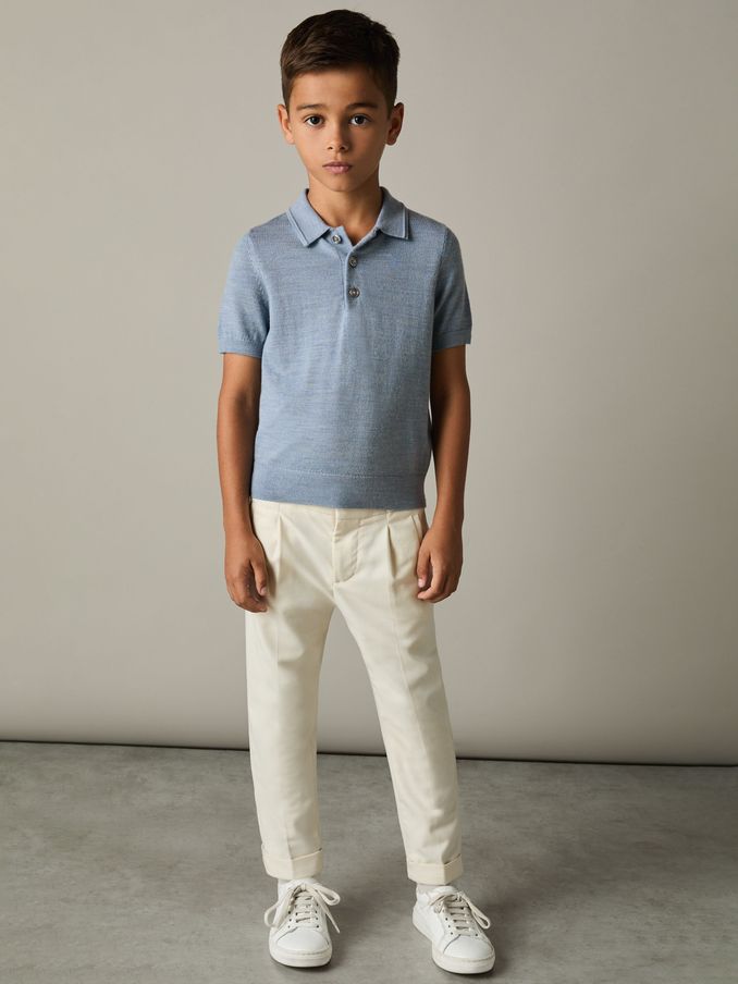 9-13 yrs Merino Polo Shirt in Soft Blue Melange (AA3652) | US$55
