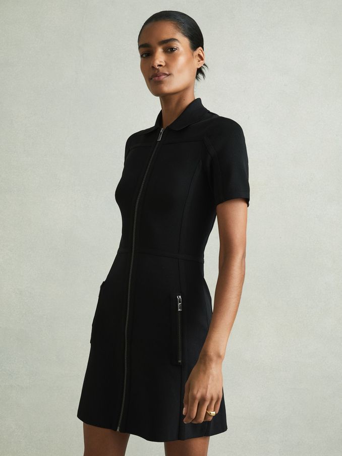 Knitted Zip-Front Mini Dress in Black (AA3653) | US$192
