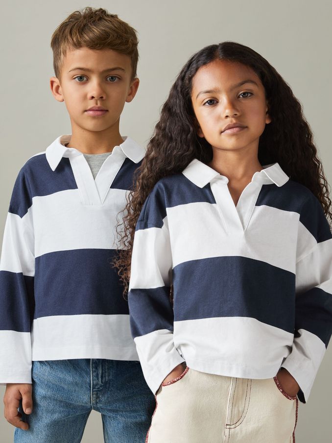 4-9 yrs Oversized Cotton Striped Open-Collar Rugby Top in Navy (AA3655) | €14