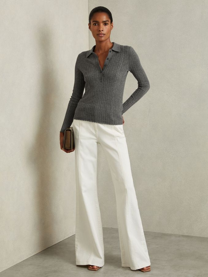 Wool Cable Knit Polo Neck Jumper in Charcoal (AA3666) | €112