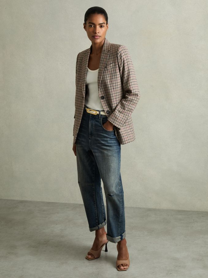 Wool Blend Checked Single Breasted Blazer in Natural Check (AA3668) | €211