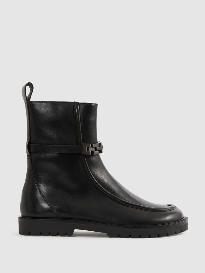Leather Chain-Strap Ankle Boots in Black (AA3669) | AED253