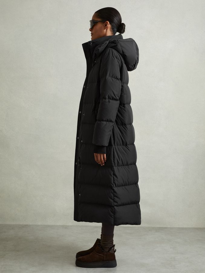 Petite Longline Hooded Puffer Coat in Black (AA3674) | $385
