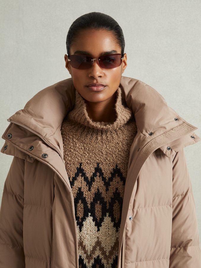 Petite Longline Hooded Puffer Coat in Mink Neutral (AA3761) | 1,130 SAR