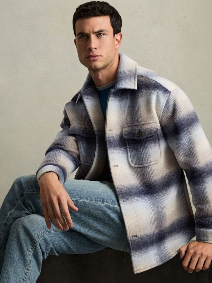 Brushed Wool-Blend Check Overshirt in Blue Multi (AA4559) | CA$375