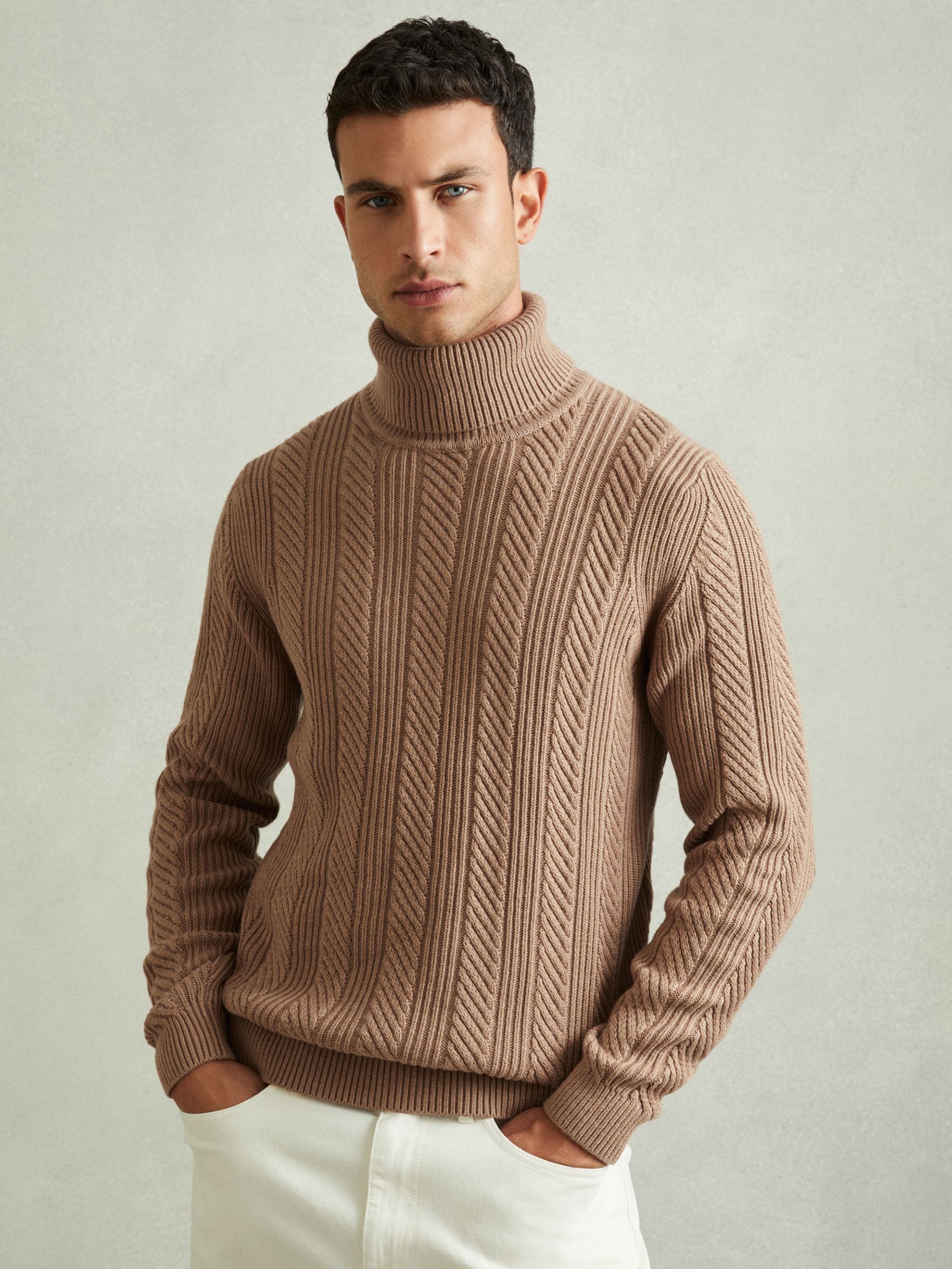 Cabled Roll-Neck Jumper with Cotton and Wool in Camel (AA4562) | US$83