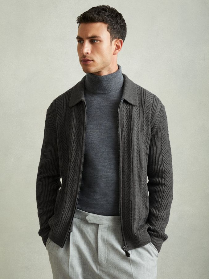 Zip Through Cabled Jumper with Cotton and Wool in Mid Grey Melange (AA4567) | US$94