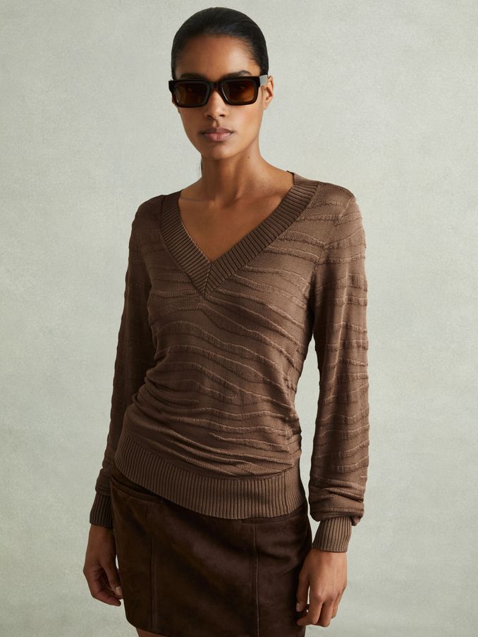 Striped V-Neck Jumper in Mink (AA4569) | CA$80