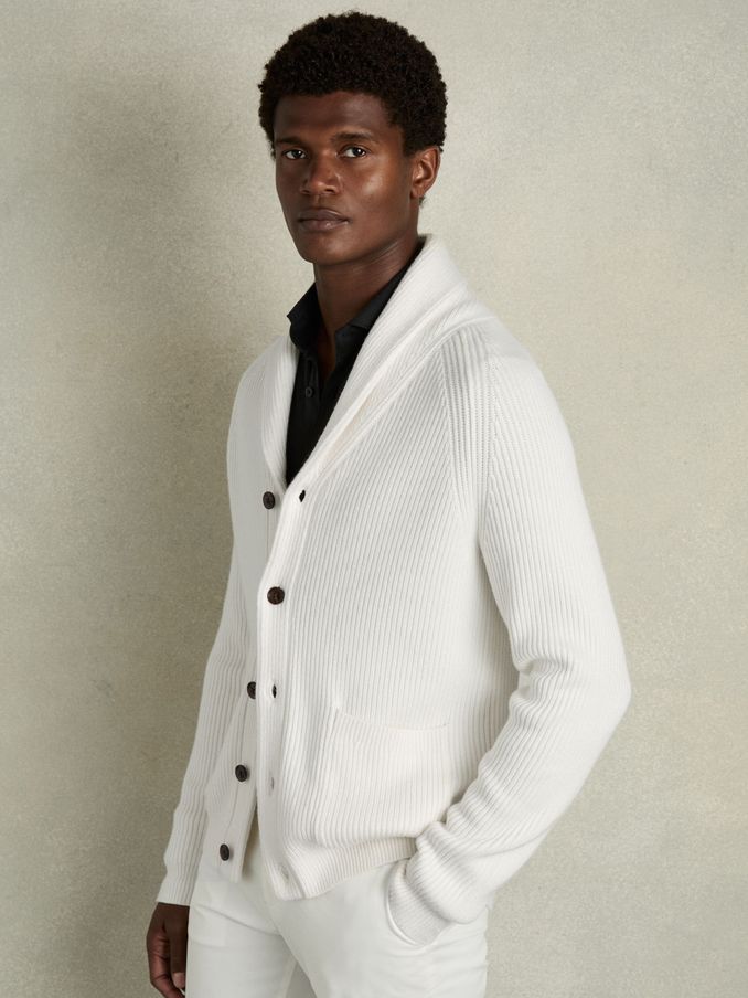 Ribbed Shawl-Collar Cardigan with Cotton and Wool in White (AA4570) | US$71