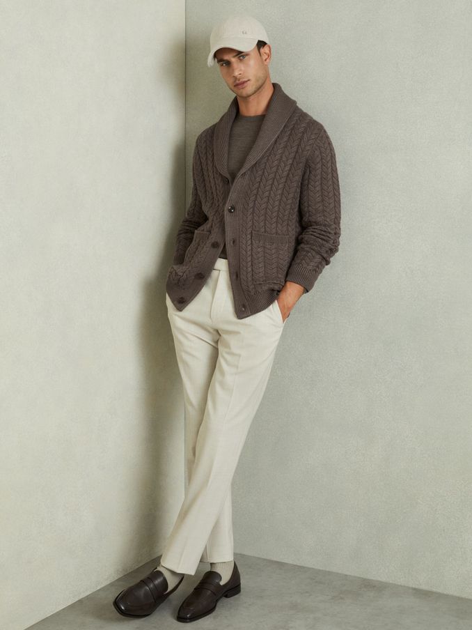 Cabled Shawl-Collar Cardigan with Cotton and Wool in Taupe Melange (AA4574) | US$110